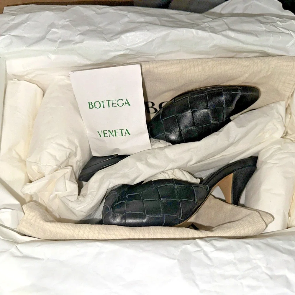 Bottega Veneta Women Size 35 Blink High Heel Interciato Mule Sandals Black Lux